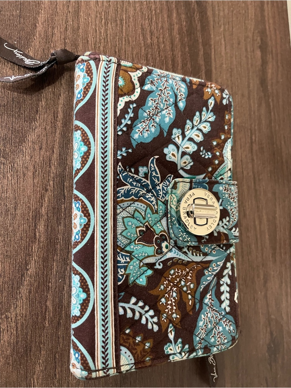 Vera Bradley Brown and Teal Floral Quilted Wallet with Turn-Lock
